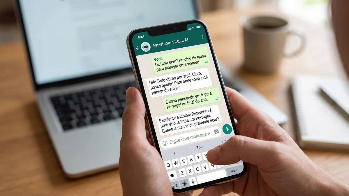 Ilustração de conversa de WhatsApp com IA