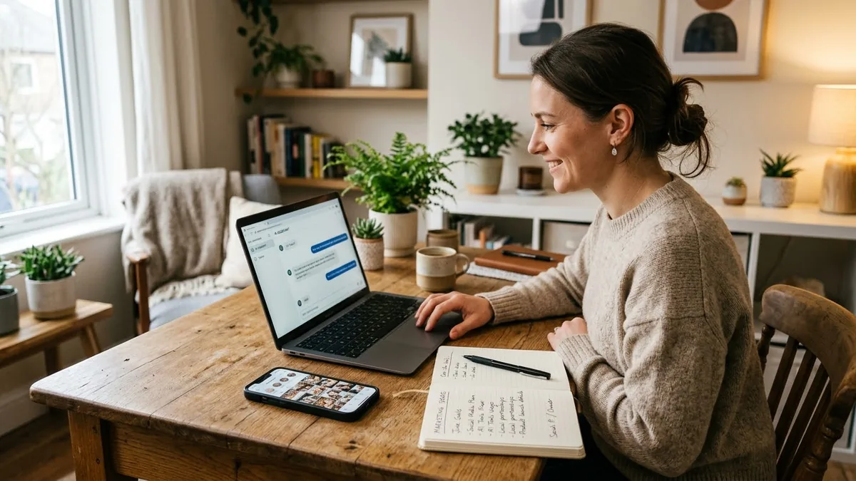 Dono de pequeno negócio usando um assistente de IA no notebook para planejar conteúdo do Instagram