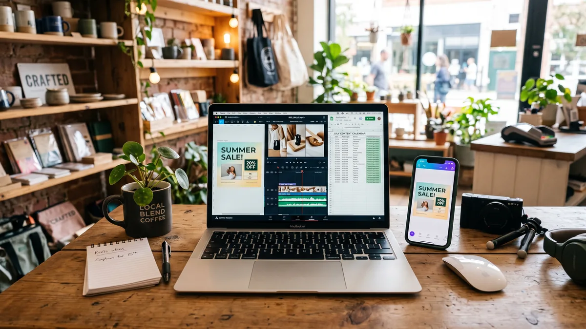 Notebook e celular com ícones de texto, design, vídeo e calendário representando ferramentas de IA para conteúdo