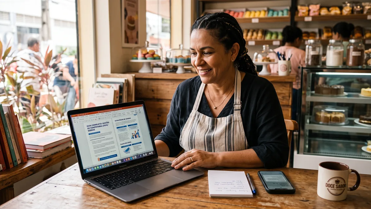 Dono de pequeno negócio usando um notebook para criar um guia em PDF com ajuda de inteligência artificial